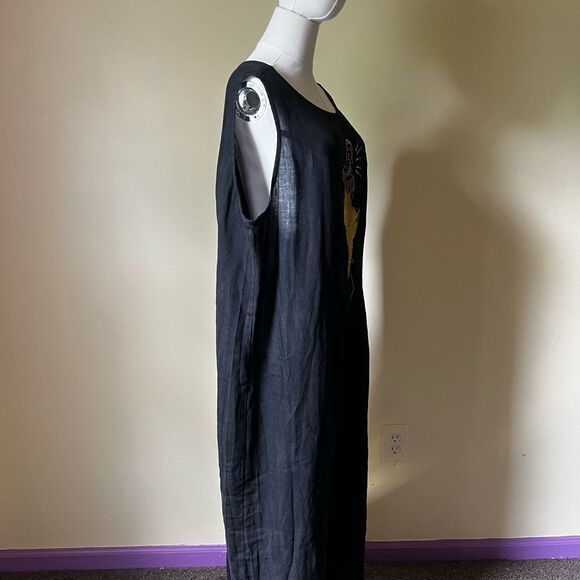 Vintage Mosato Linen Maxi Dress 3X Black Gold Embroidered Abstract Woman Art - Picture 3 of 9